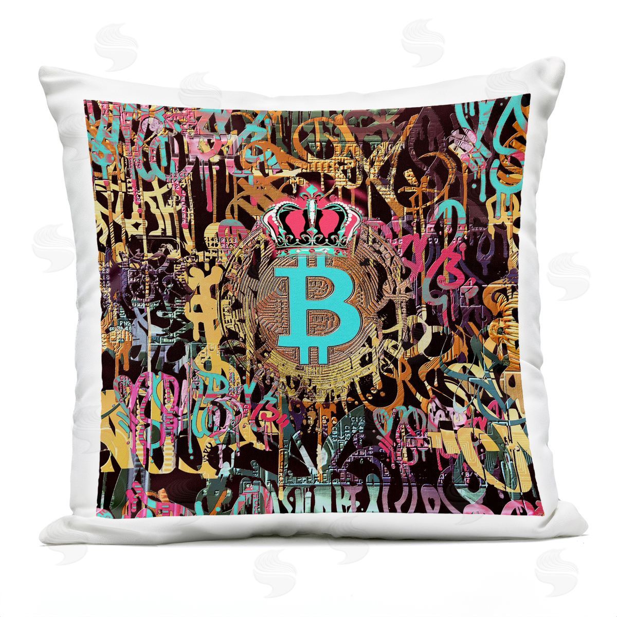 Graffiti Style Bitcoin Crown Outdoor Printed Pillow, Home Decor by Irena Orlov