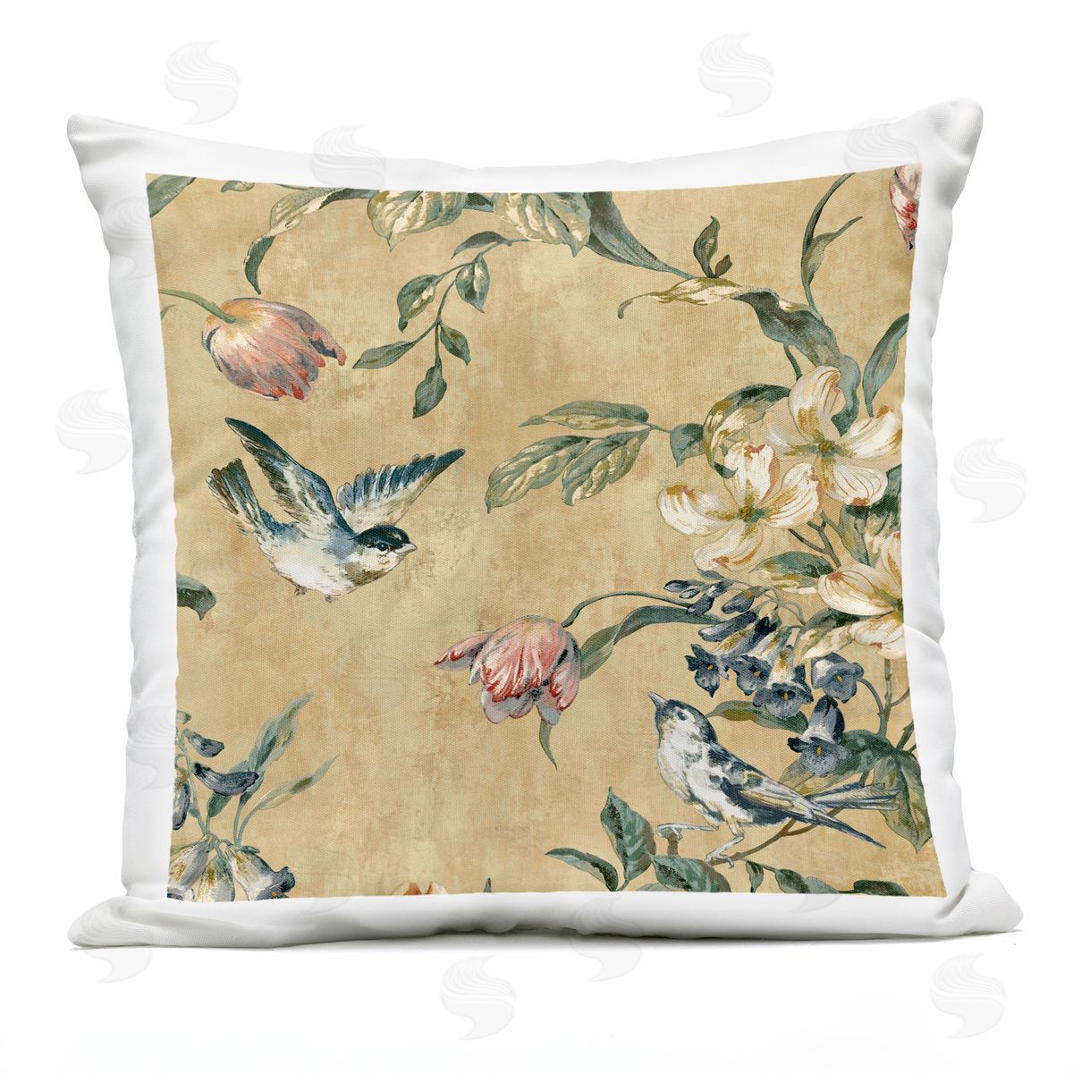 Traditional Birds Floral Branches Outdoor Printed Pillow, Home Decor by Reneé Campbell