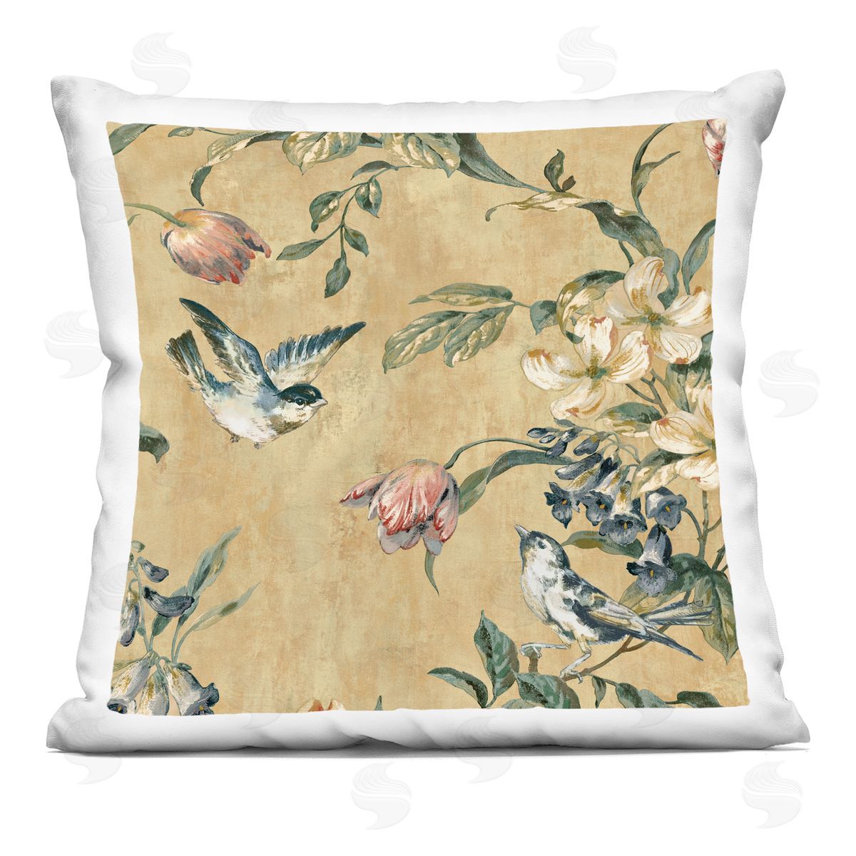 Traditional Birds Floral Branches Decorative Printed Pillow, Home Decor by Reneé Campbell