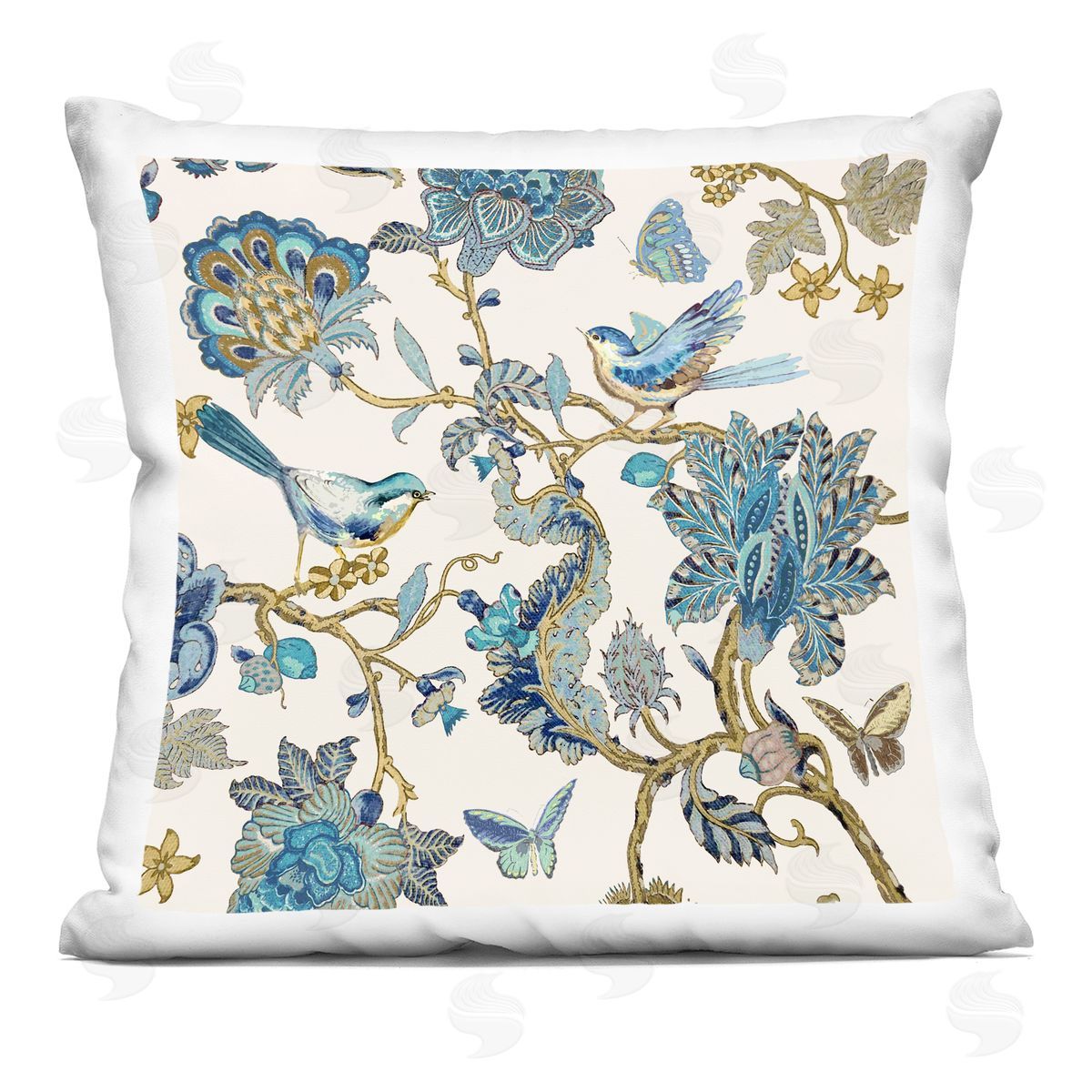 Blue Ornate Traditional Nature Decorative Printed Pillow, Home Decor by Reneé Campbell