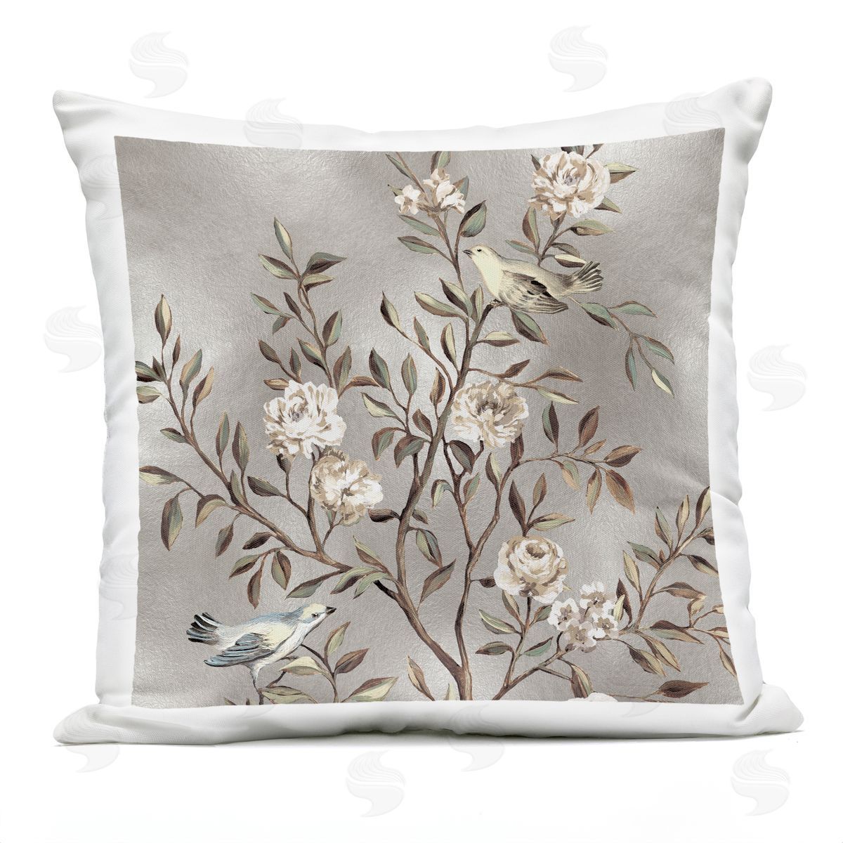 Birds Perched Grey Floral Tree Outdoor Printed Pillow, Home Decor by Reneé Campbell