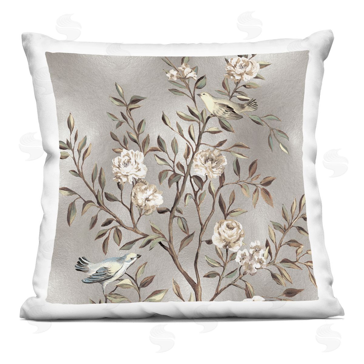Birds Perched Grey Floral Tree Decorative Printed Pillow, Home Decor by Reneé Campbell