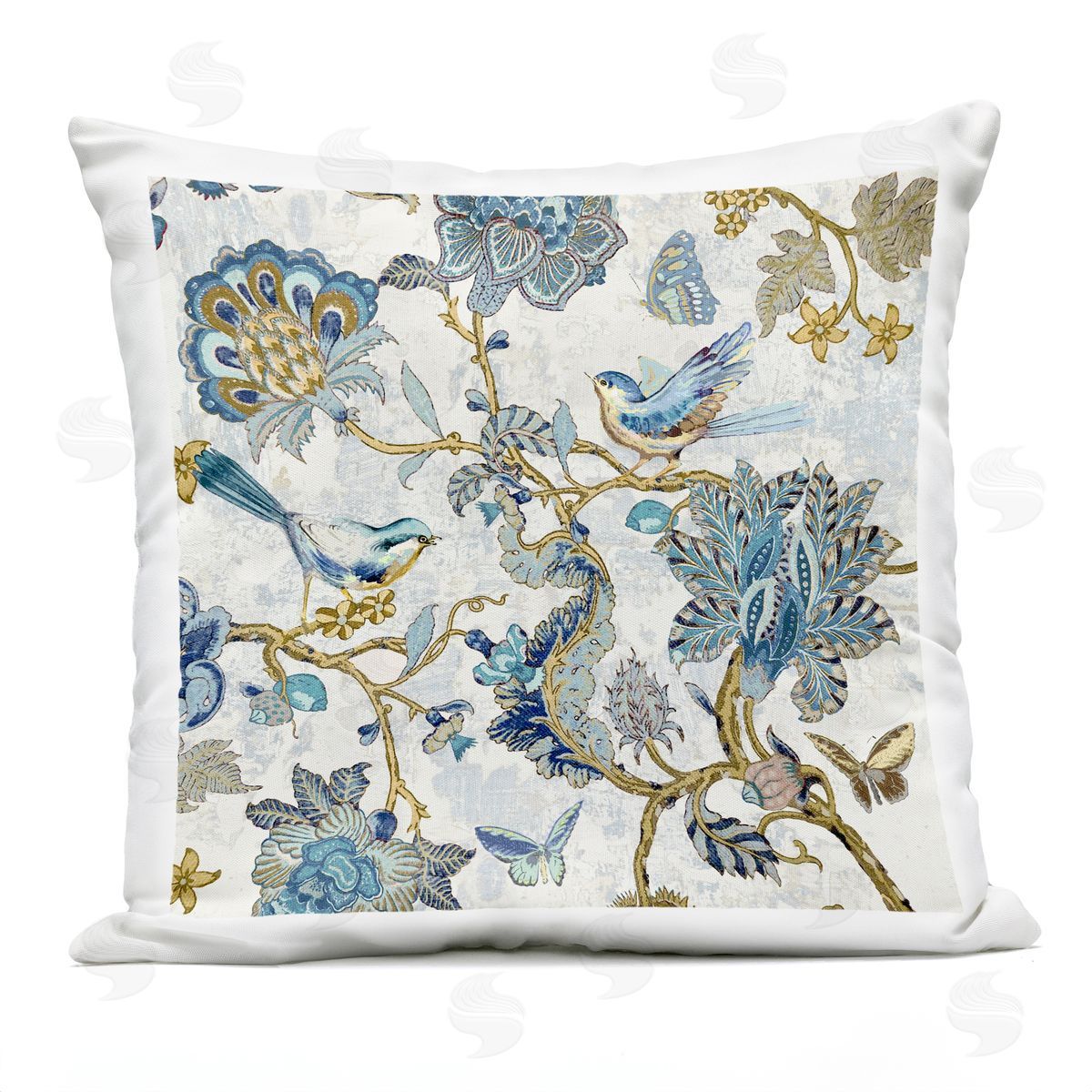 Detailed Blue Floral Birds Pattern Outdoor Printed Pillow, Home Decor by Reneé Campbell