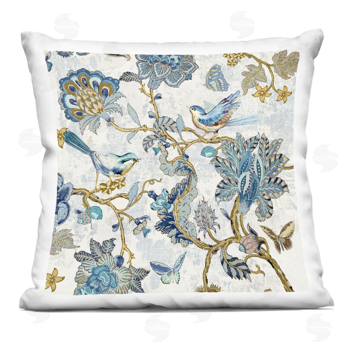 Detailed Blue Floral Birds Pattern Decorative Printed Pillow, Home Decor by Reneé Campbell