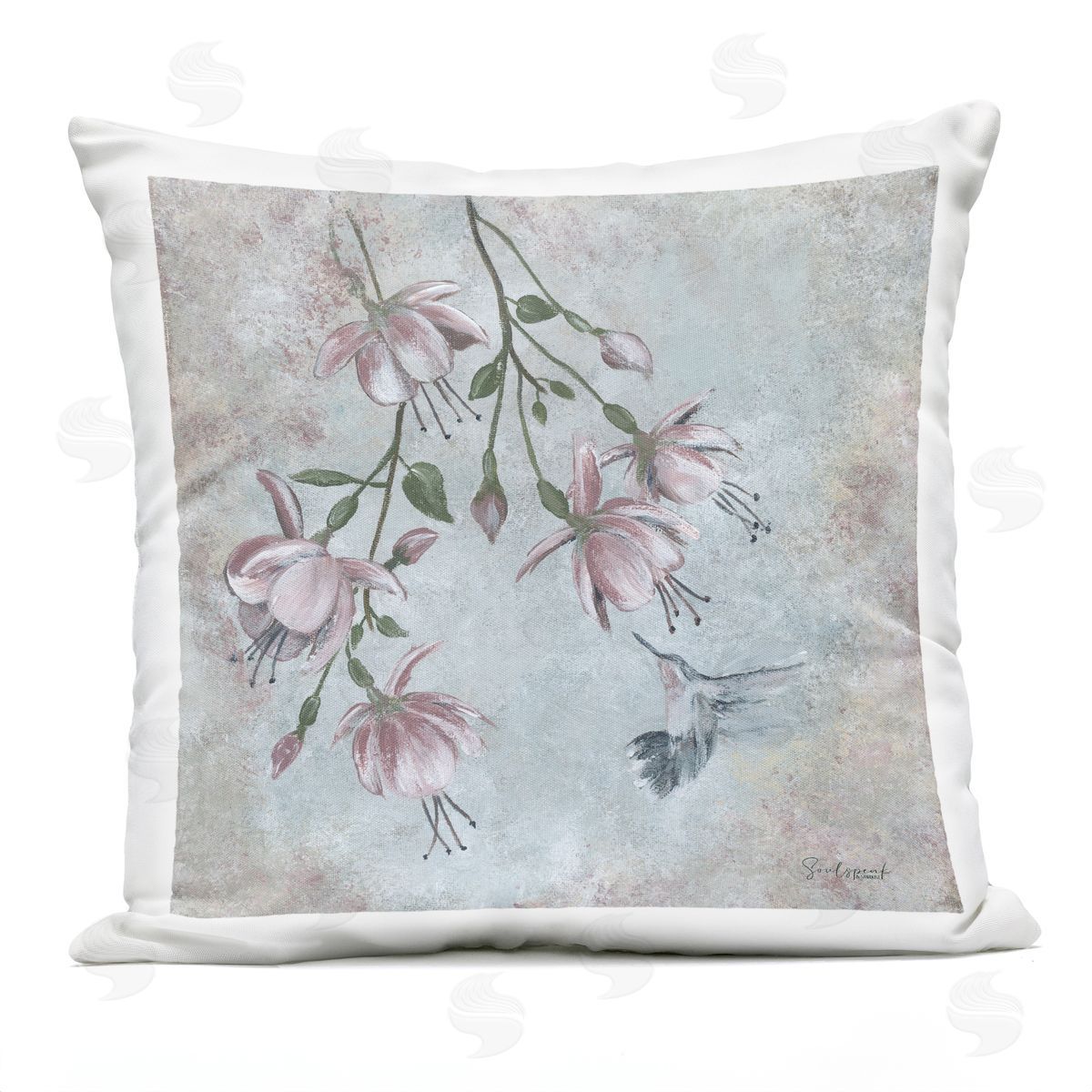 Classic Hummingbird Pink Blossoms Outdoor Printed Pillow, Home Decor by Soulspeak & Sawdust