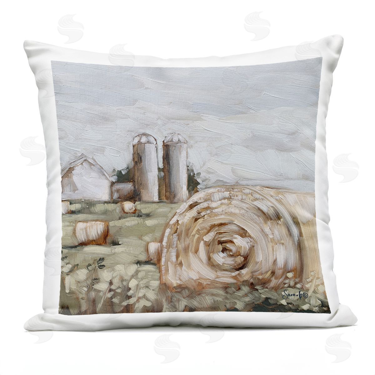 Rural Farm Scene Haystacks Outdoor Printed Pillow, Home Decor by Sara G. Designs