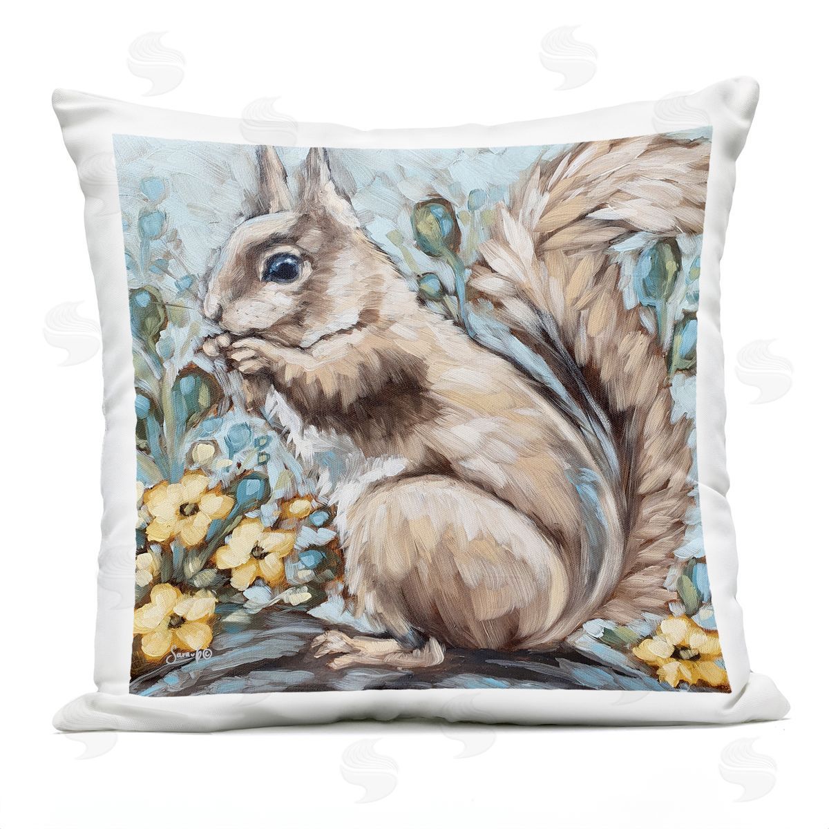 Squirrel Floral Nature Scene Outdoor Printed Pillow, Home Decor by Sara G. Designs