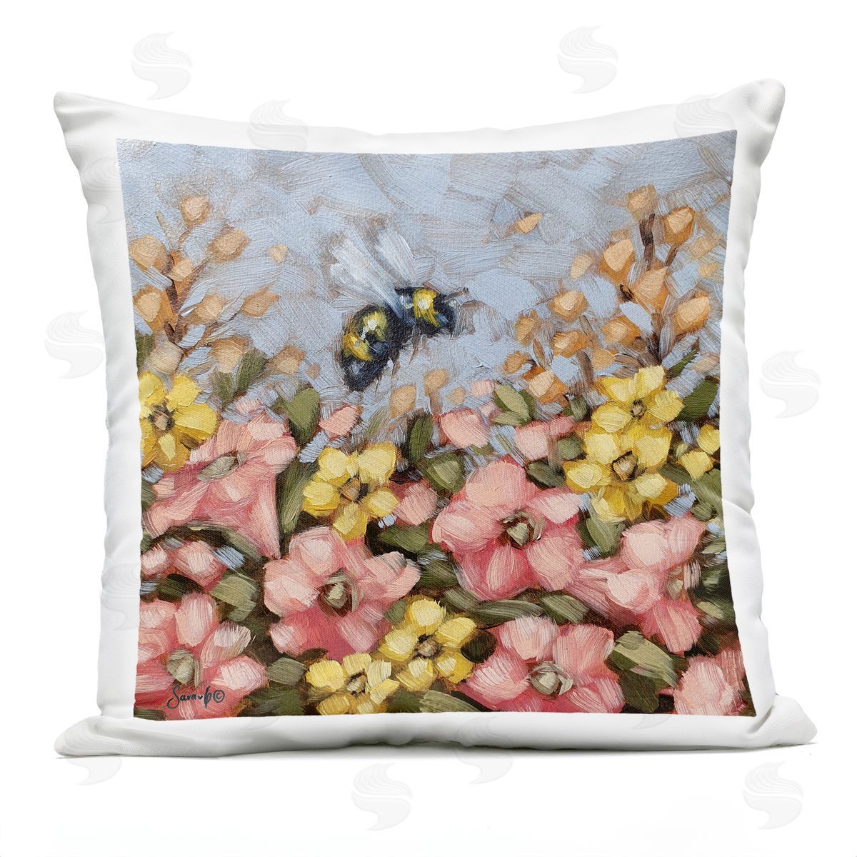 Bumblebee Blooming Flower Meadow Outdoor Printed Pillow, Home Decor by Sara G. Designs