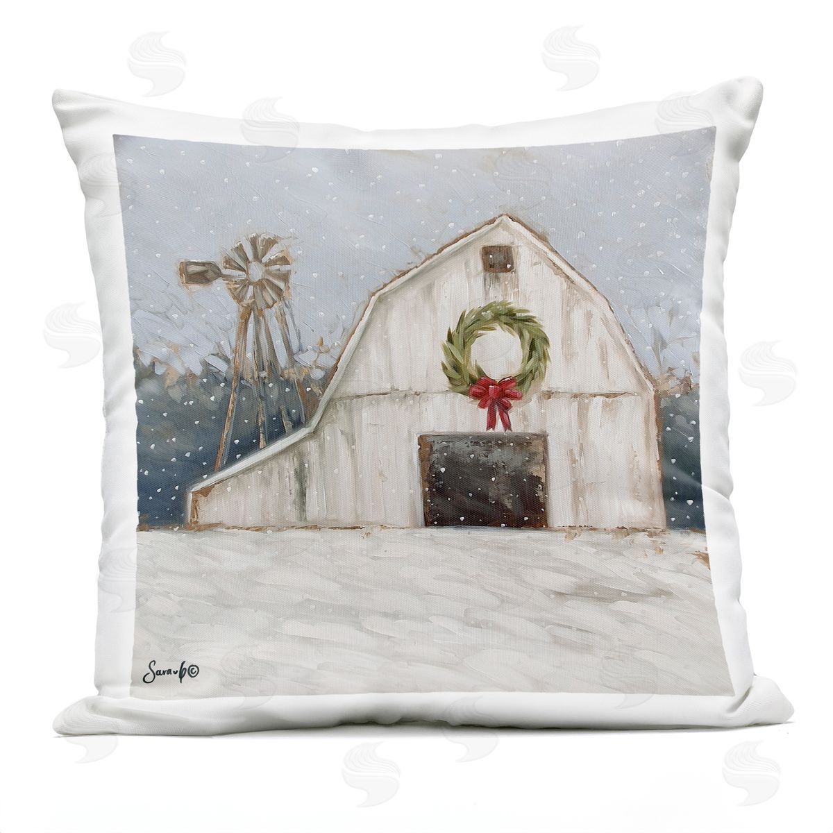 Snowy Country Barn Holiday Outdoor Printed Pillow, Home Decor by Sara G. Designs