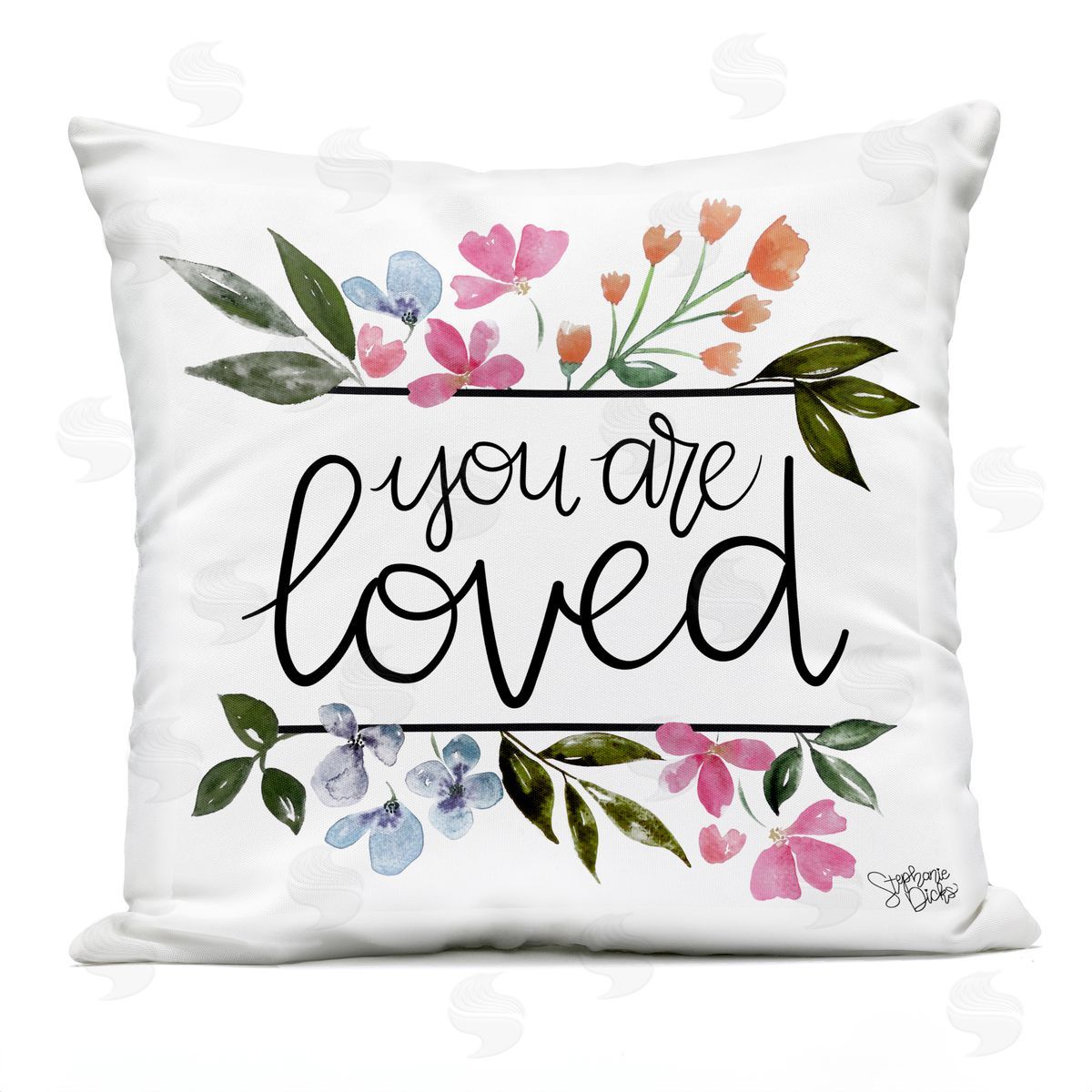 You Are Loved Floral Border Outdoor Printed Pillow, Home Decor by Stephanie Dicks