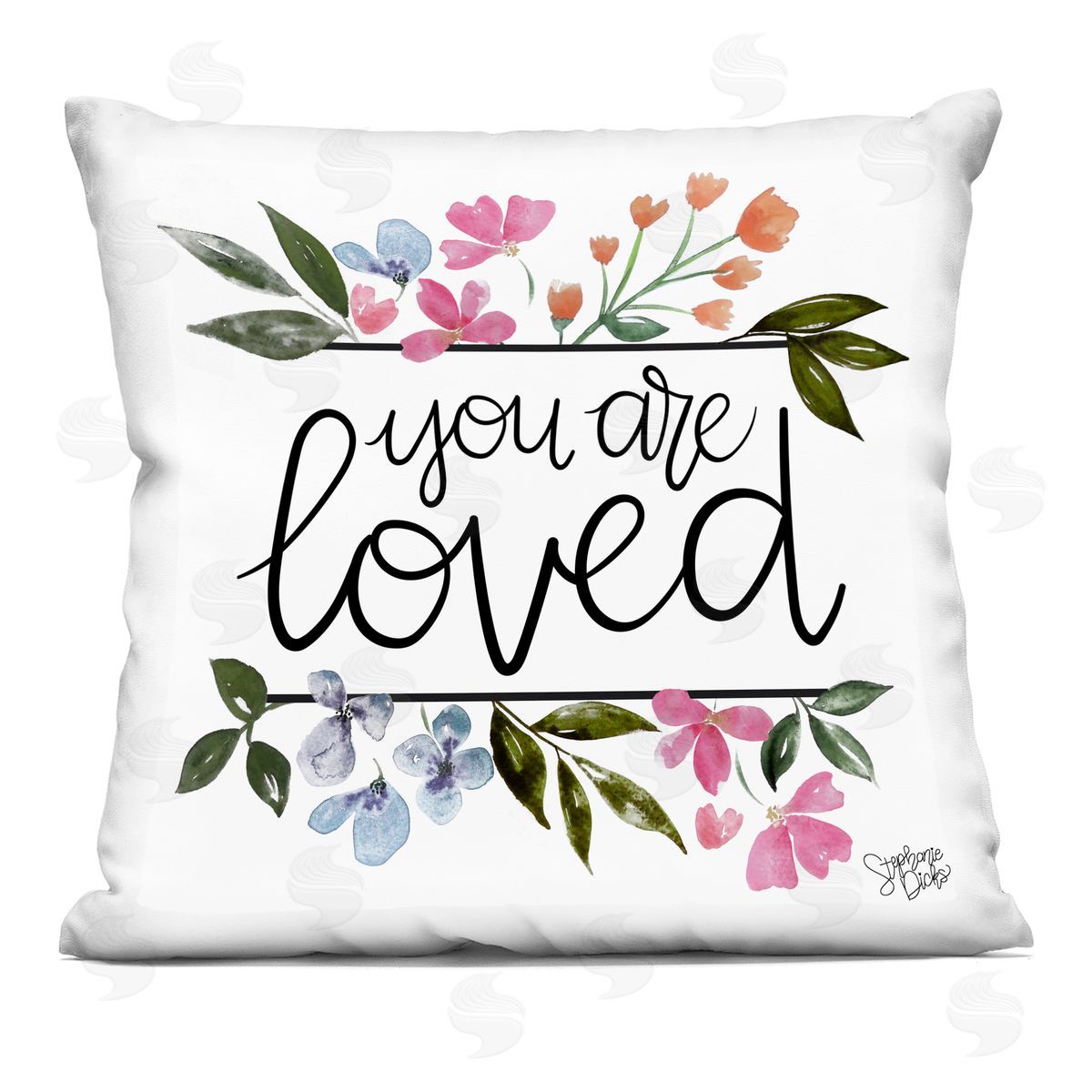 You Are Loved Floral Border Decorative Printed Pillow, Home Decor by Stephanie Dicks
