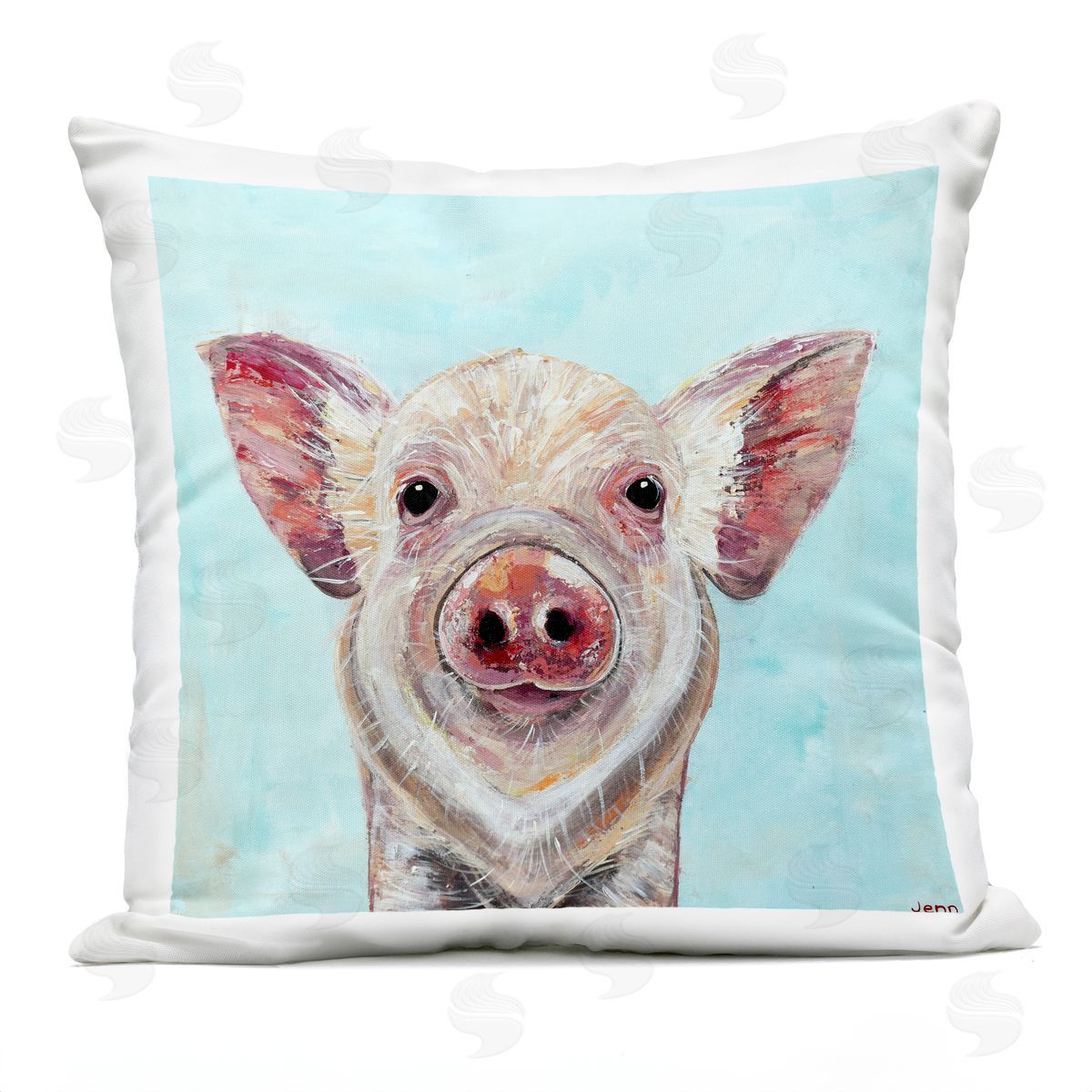 Blue Piglet Animal Face Outdoor Printed Pillow, Home Decor by Jen Seeley