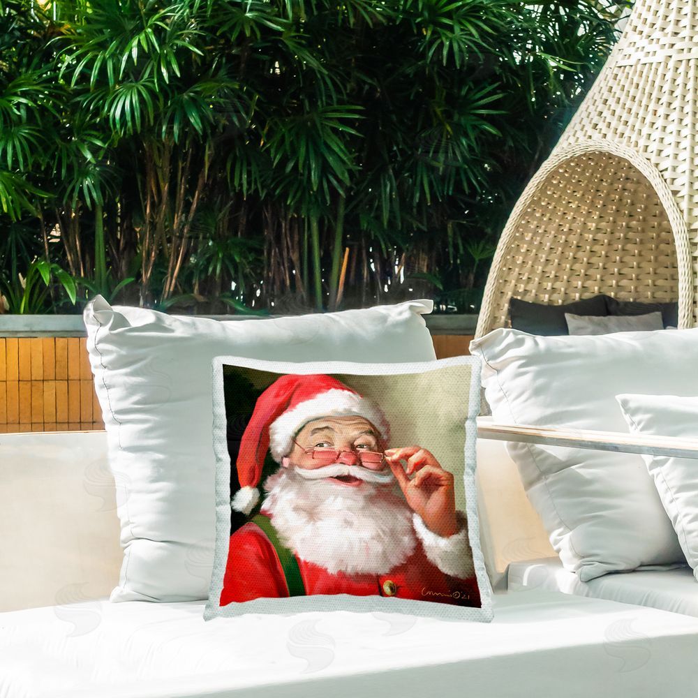 Yellow Cafe Jolly Red Santa Claus Laughter Outdoor Quick-Dry Polyester Printed Throw Pillow in Back Yard