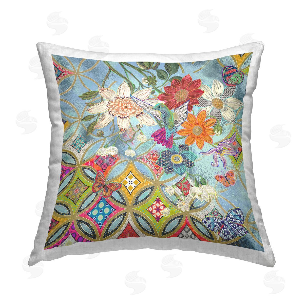 Blue Hummingbird Bold Florals Decorative Printed Pillow, Home Decor by Sangita Bachelet