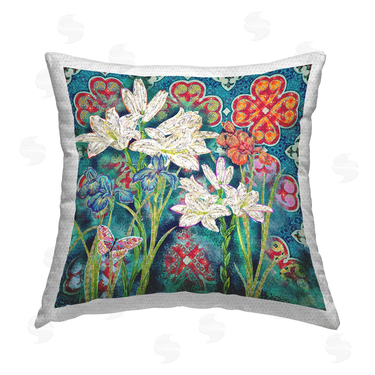 Iris Blooms Intricate Florals Outdoor Printed Pillow, Home Decor by Sangita Bachelet