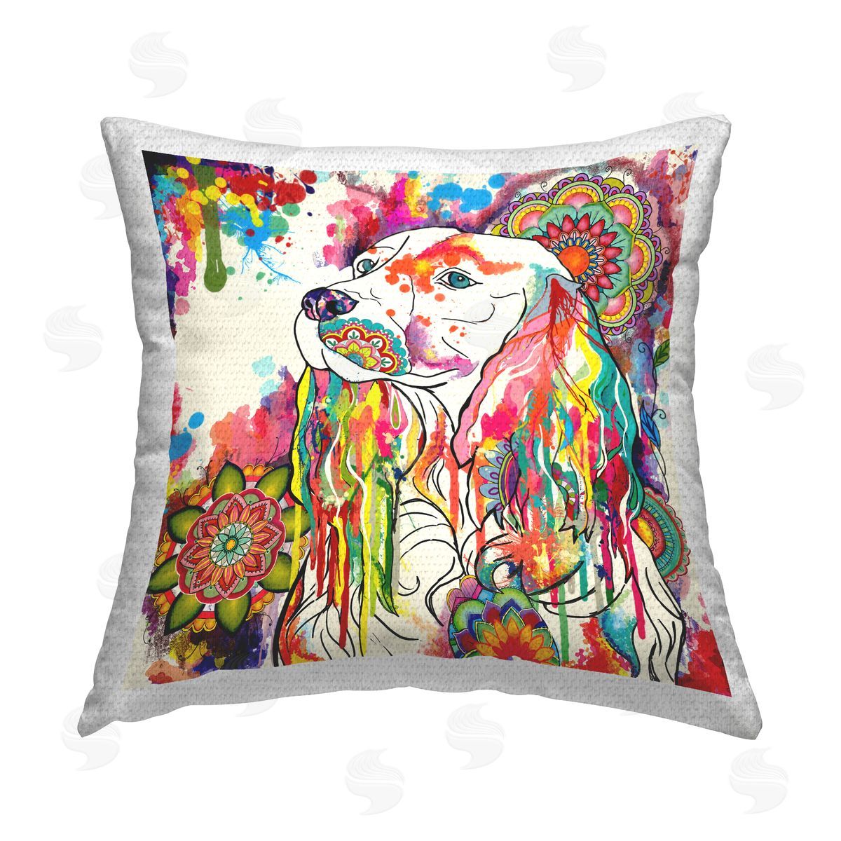 Spaniel Dog Portrait Mandalas Outdoor Printed Pillow, Home Decor by Sangita Bachelet