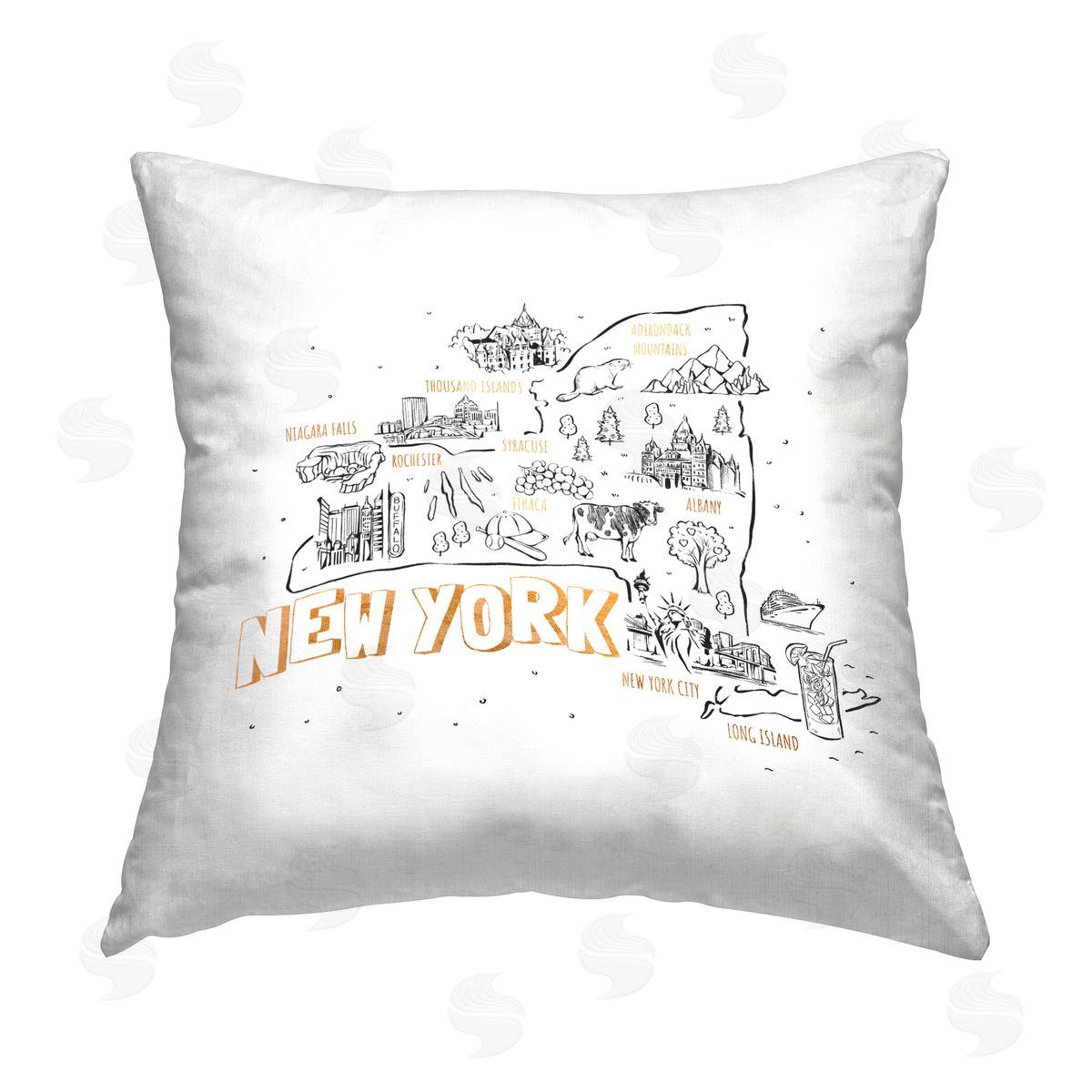 New York State Landmarks Doodle Map Decorative Printed Pillow, Home Decor by Ziwei Li