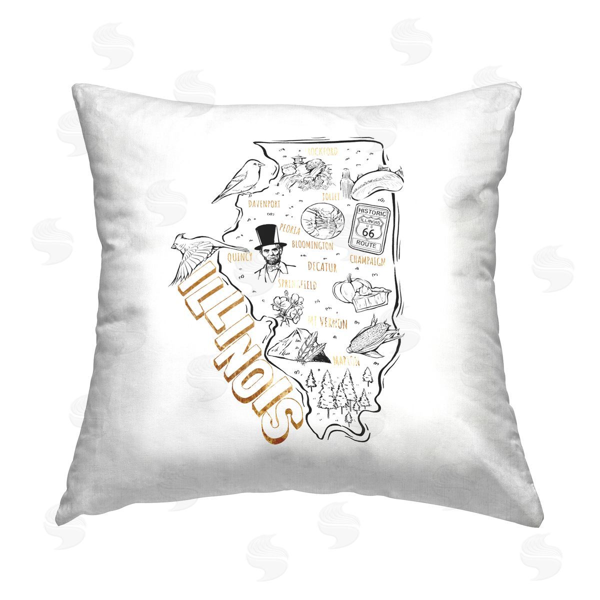 Illinois USA State Landmarks Map Decorative Printed Pillow, Home Decor by Ziwei Li