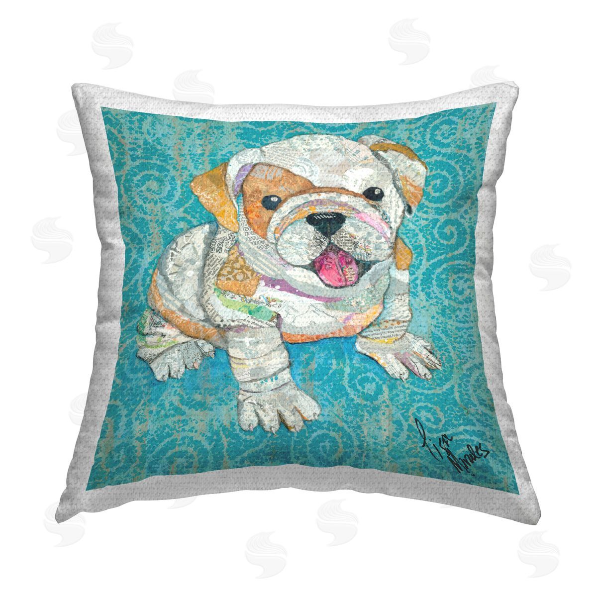 Blue Patterned Happy Pet Puppy Outdoor Printed Pillow, Home Decor by Lisa Morales