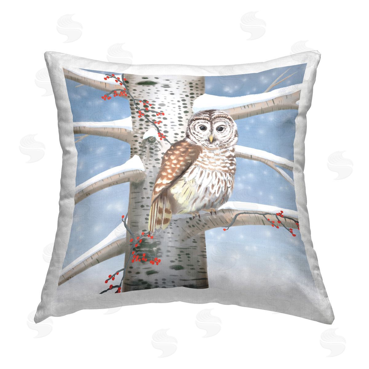 Owl Perched Snowy Birch Tree Scene Decorative Printed Pillow, Home Decor by Lemon & Sugar