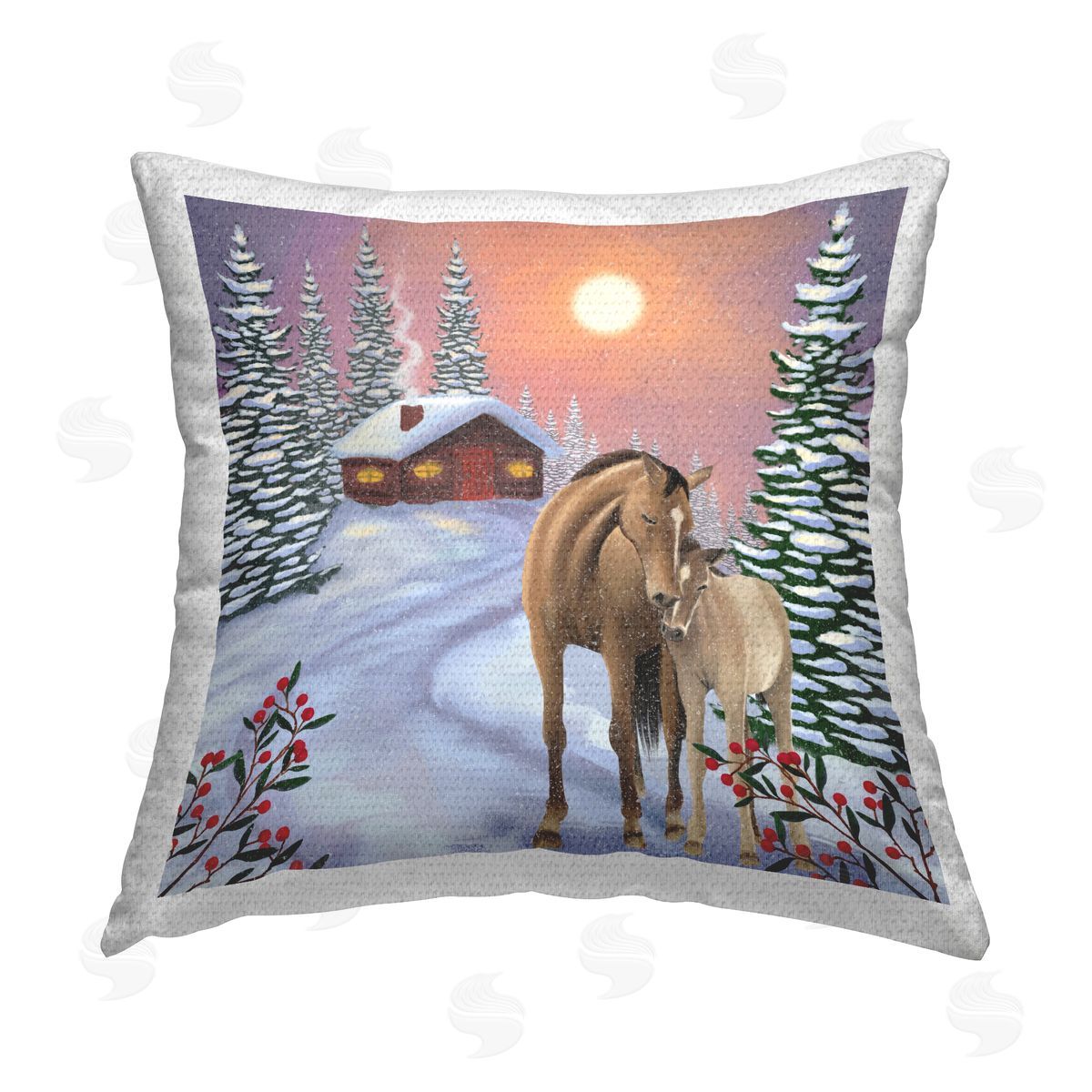 Winter Cabin Horses Hugging Nature Outdoor Printed Pillow, Home Decor by Lemon & Sugar