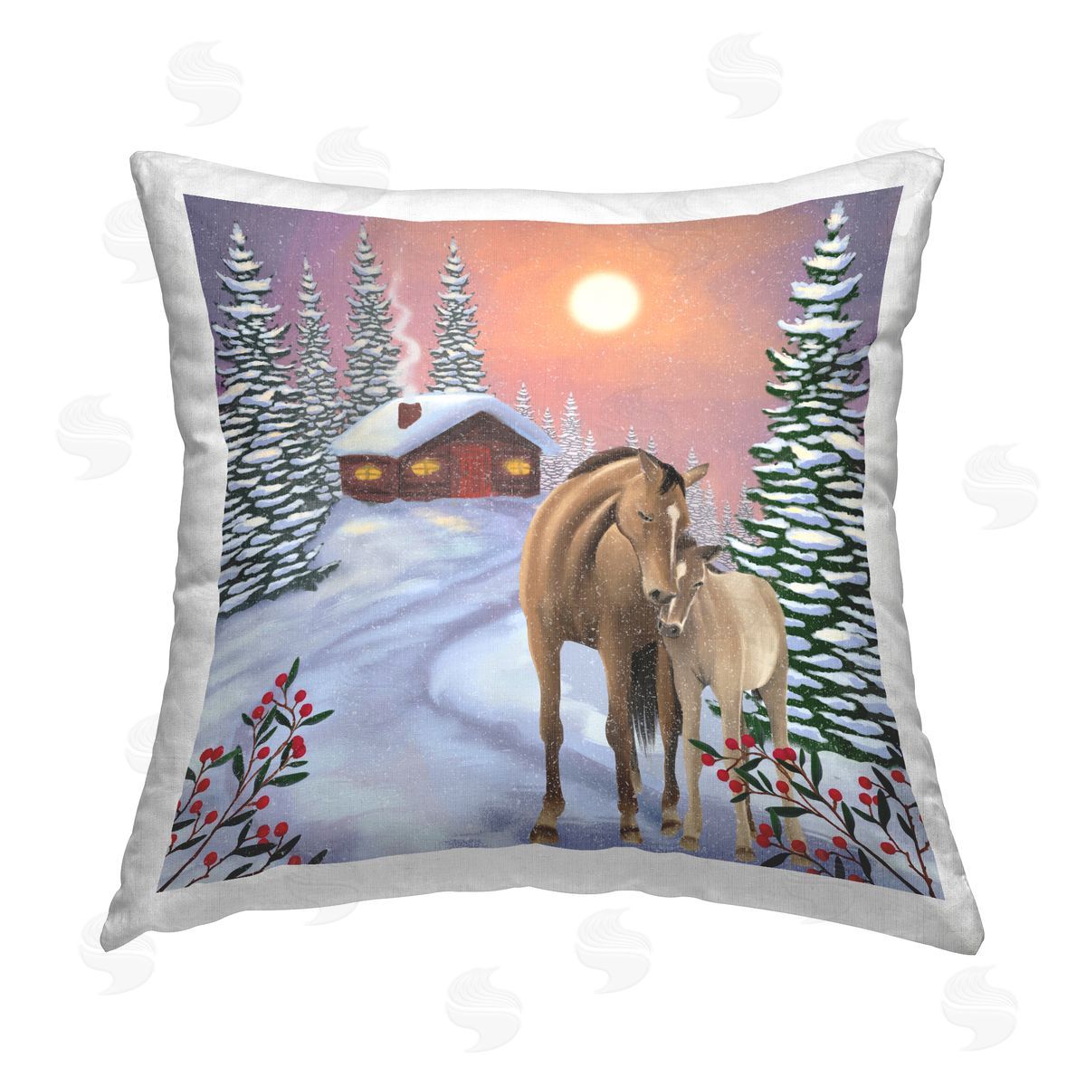 Winter Cabin Horses Hugging Nature Decorative Printed Pillow, Home Decor by Lemon & Sugar