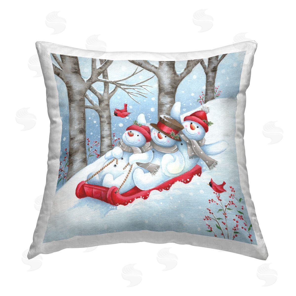 Snowmen Sledding Winter Slope Scene Decorative Printed Pillow, Home Decor by Emma Leach