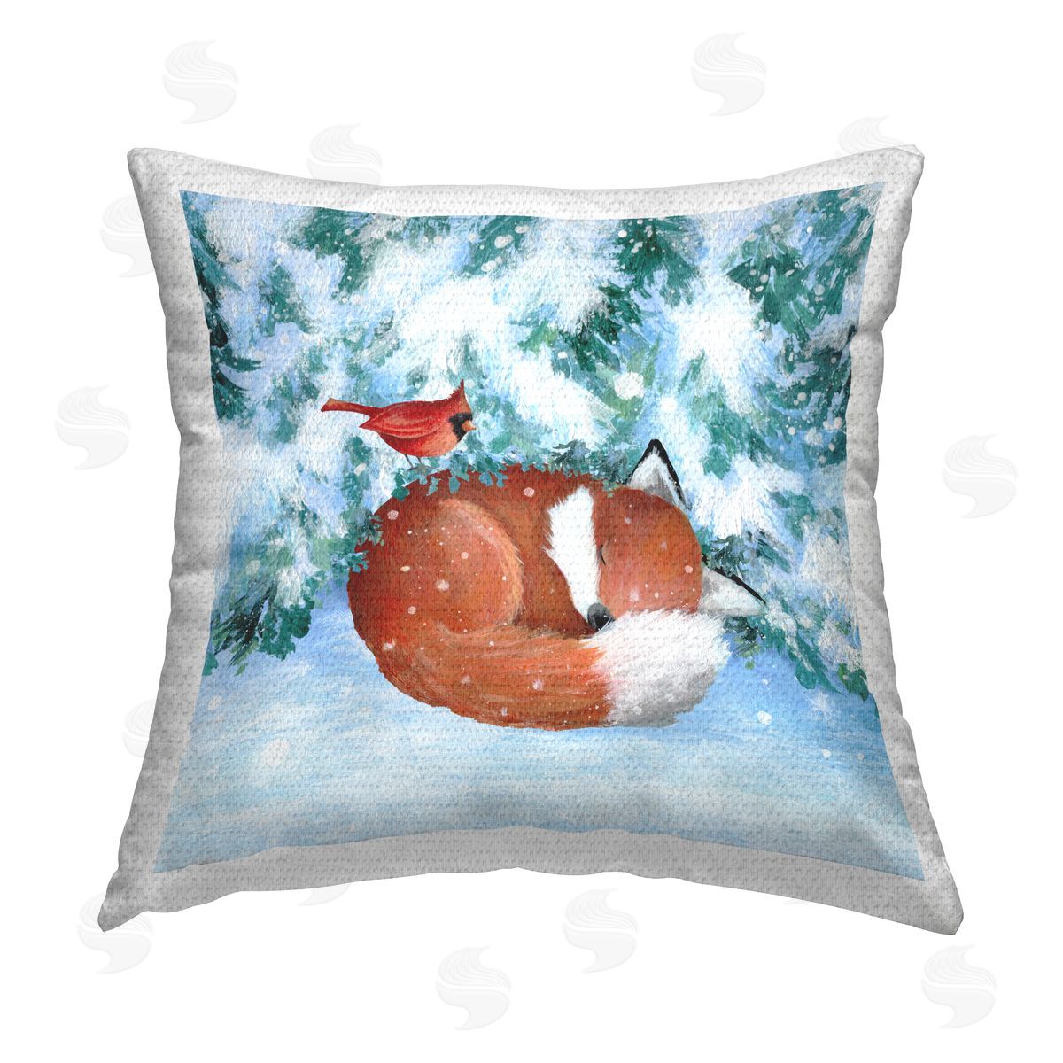 Sleeping Fox & Cardinal Snowy Trees Outdoor Printed Pillow, Home Decor by Emma Leach