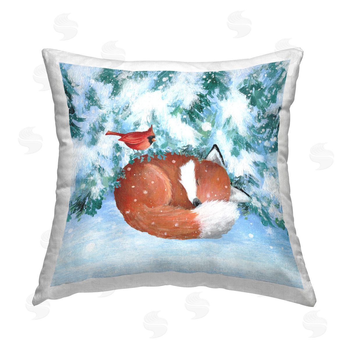Sleeping Fox & Cardinal Snowy Trees Decorative Printed Pillow, Home Decor by Emma Leach