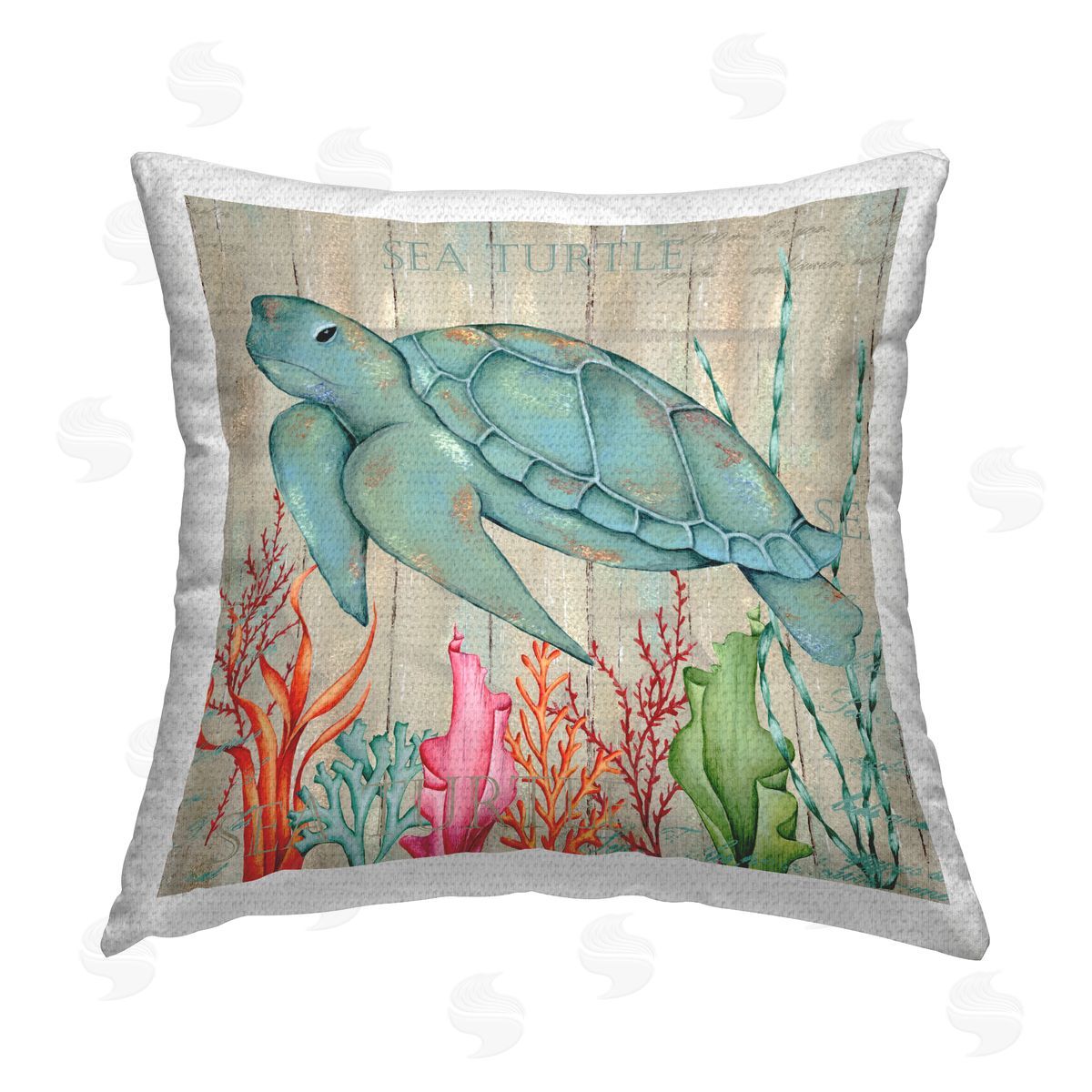 Blue Sea Turtle Rustic Coral Outdoor Printed Pillow, Home Decor by Emma Leach
