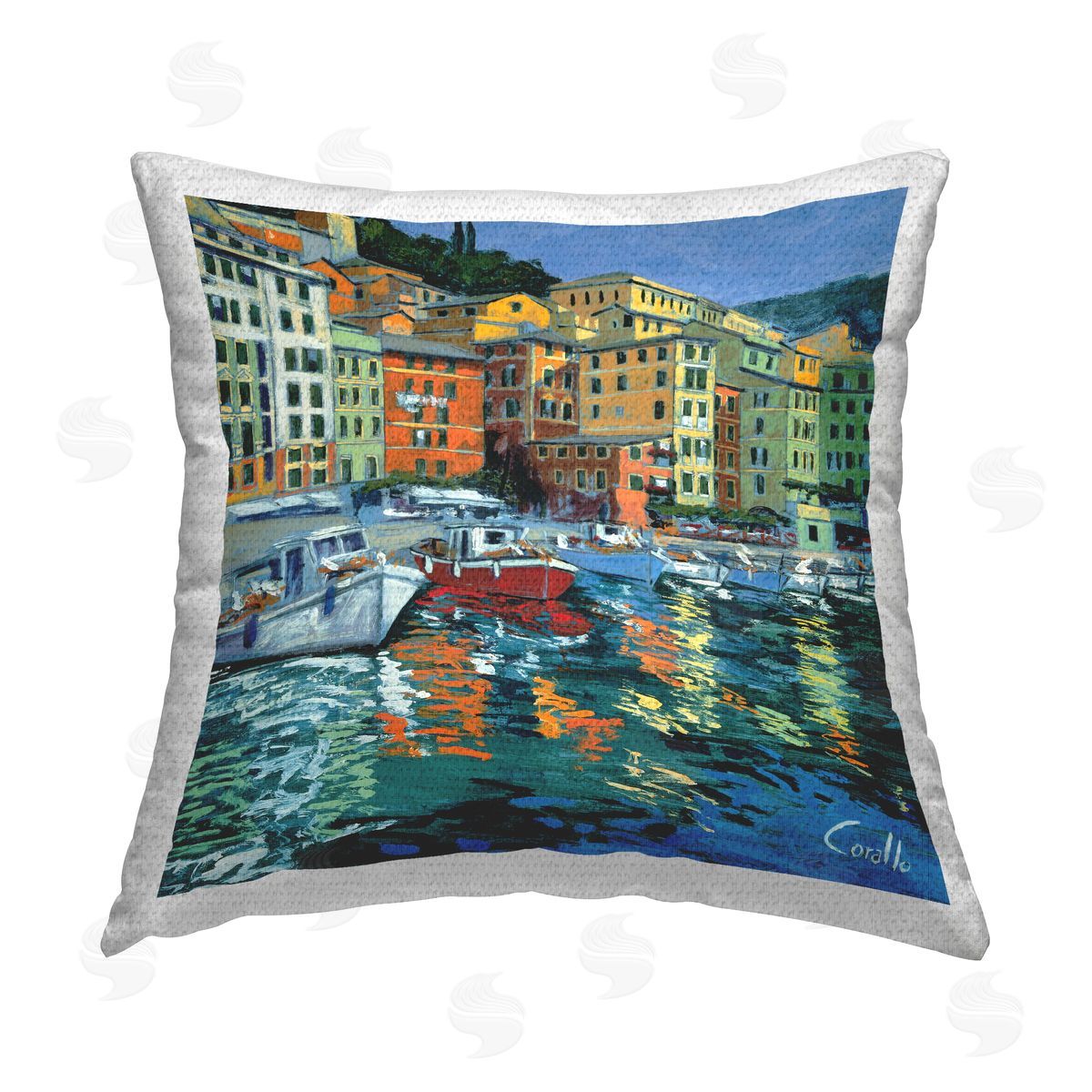 Urban River Town Boat Marina Outdoor Printed Pillow, Home Decor by Daniela Corallo