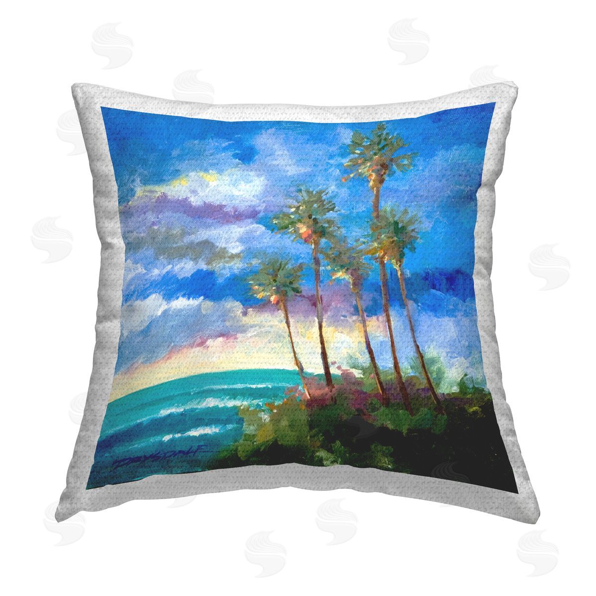 Looming Palm Trees Ocean Landscape Outdoor Printed Pillow, Home Decor by Bill Drysdale