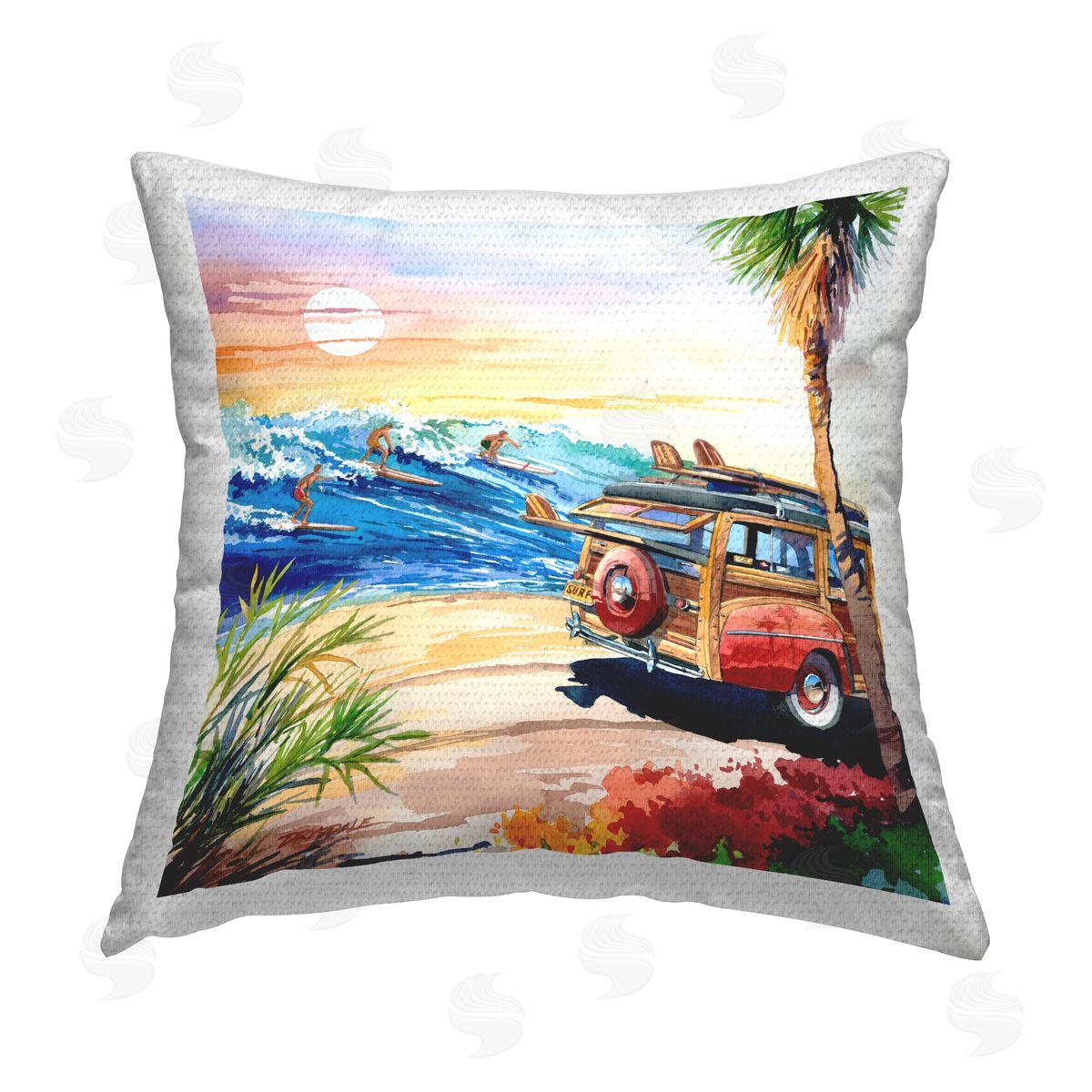 Tropical Beach Surfing Ocean Waves Outdoor Printed Pillow, Home Decor by Bill Drysdale