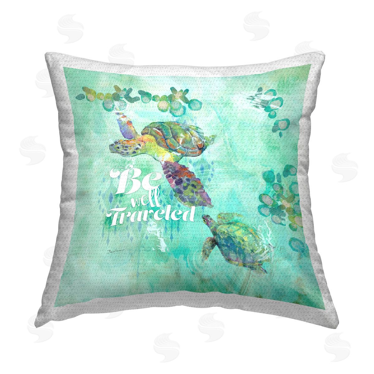 Be Well Traveled Turtle Swimming Outdoor Printed Pillow, Home Decor by Evelia Designs