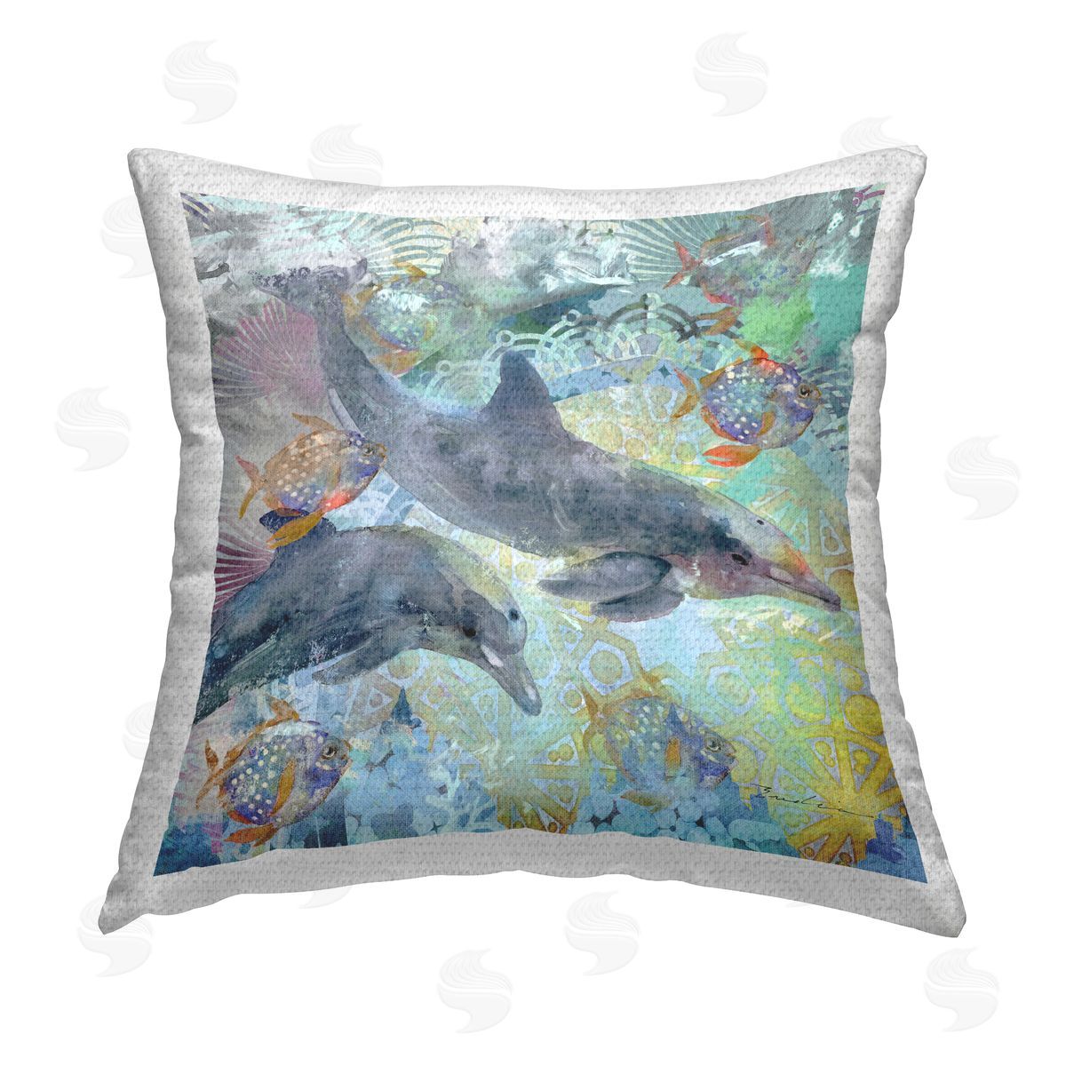 Dolphins Swimming Sea Life Outdoor Printed Pillow, Home Decor by Evelia Designs