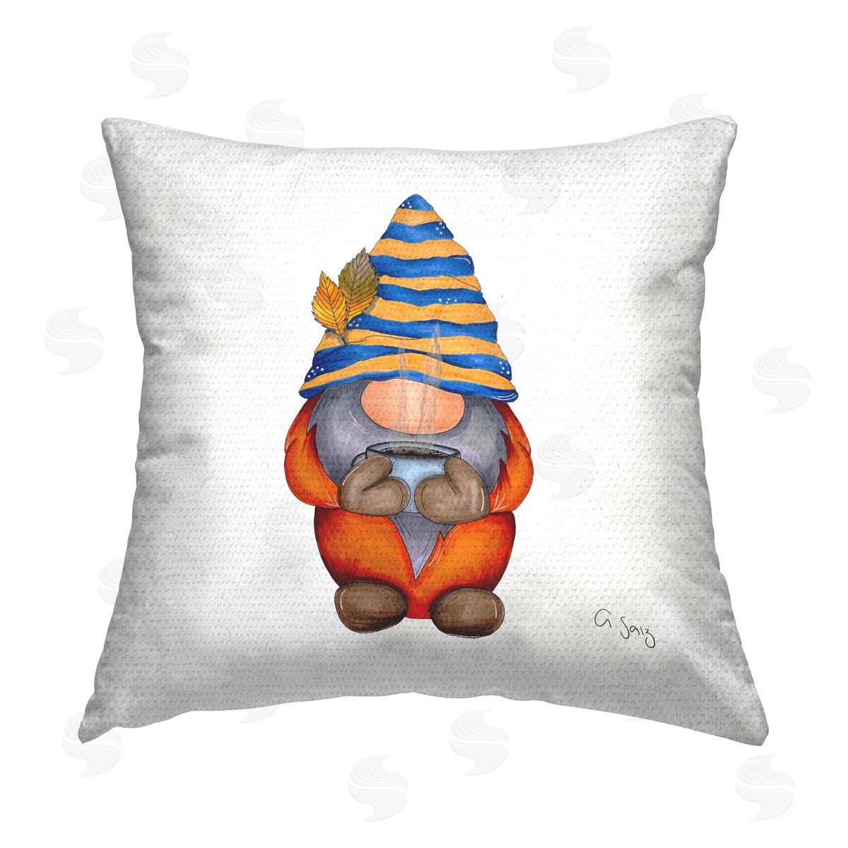 Autumn Gnome Steaming Coffee Sip Outdoor Printed Pillow, Home Decor by Ale Saiz Studio
