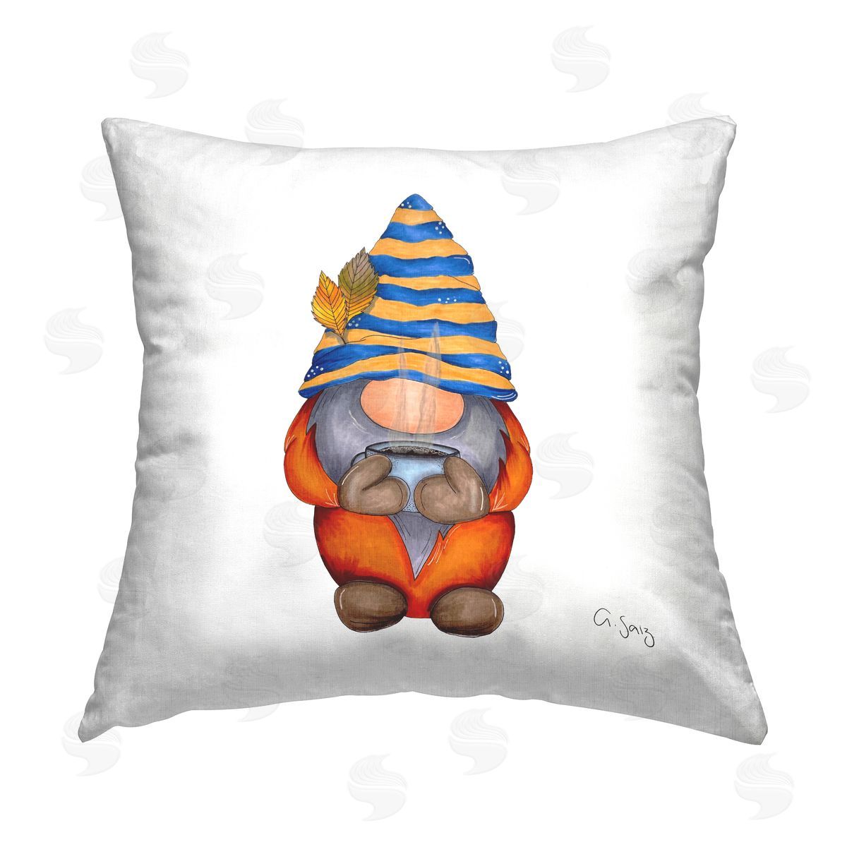 Autumn Gnome Steaming Coffee Sip Decorative Printed Pillow, Home Decor by Ale Saiz Studio