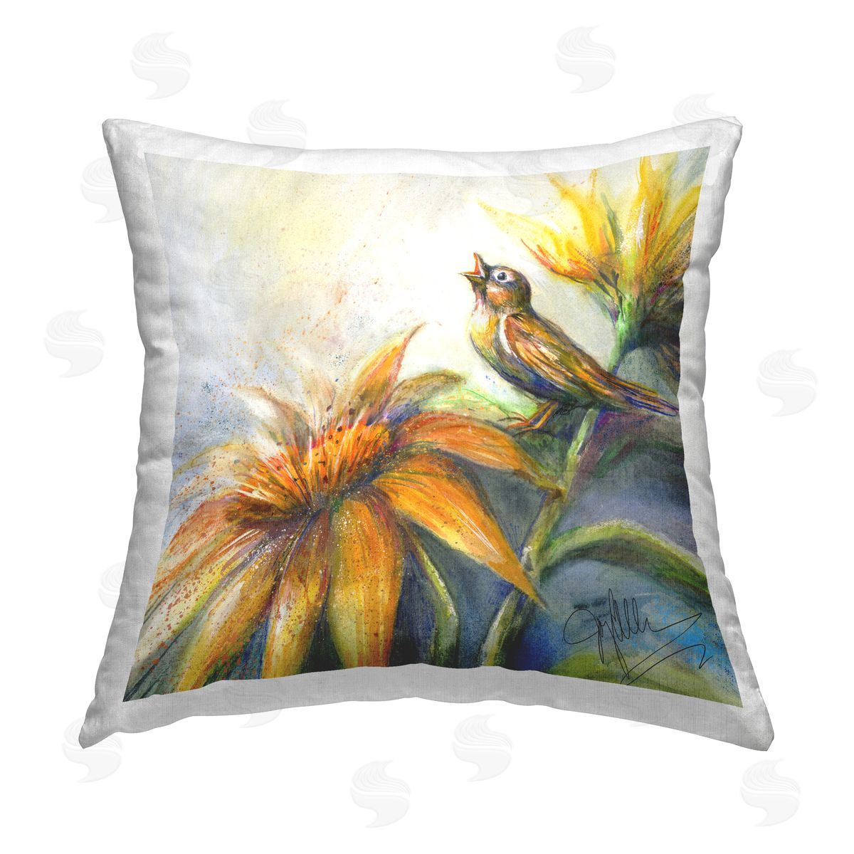Singing Bird Yellow Floral Nature Decorative Printed Pillow, Home Decor by Joy Allen