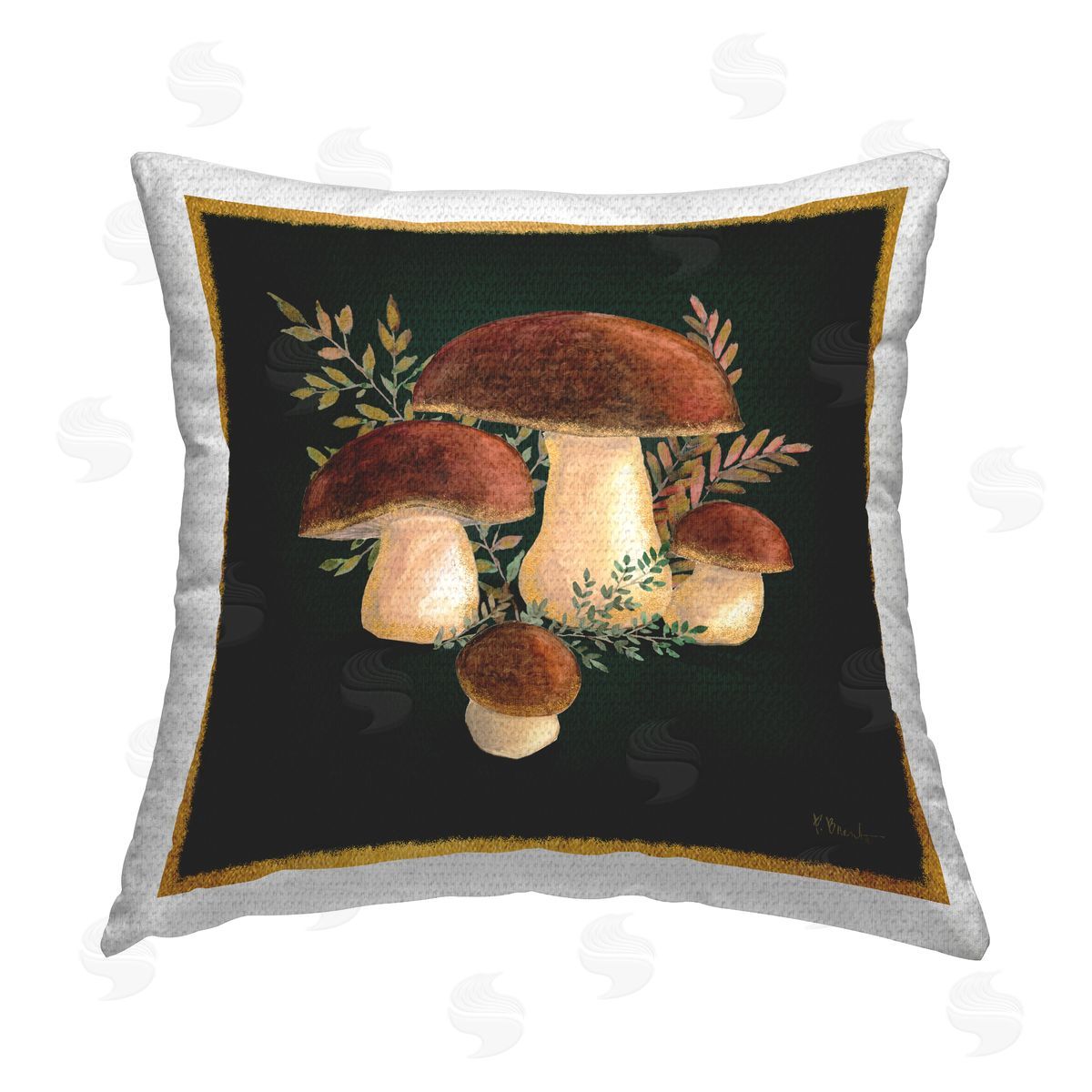 Mushrooms With Botanical Sprigs Outdoor Printed Pillow, Home Decor by Paul Brent