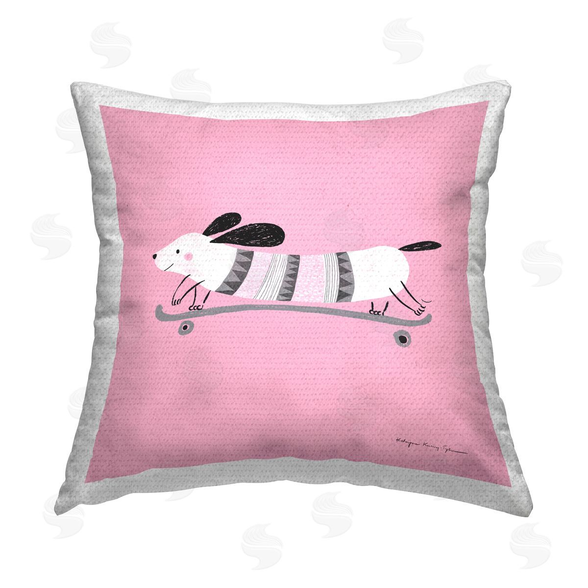 Pink Skateboarding Dog Outdoor Printed Pillow, Home Decor by Kasia Kucwaj-Tybur
