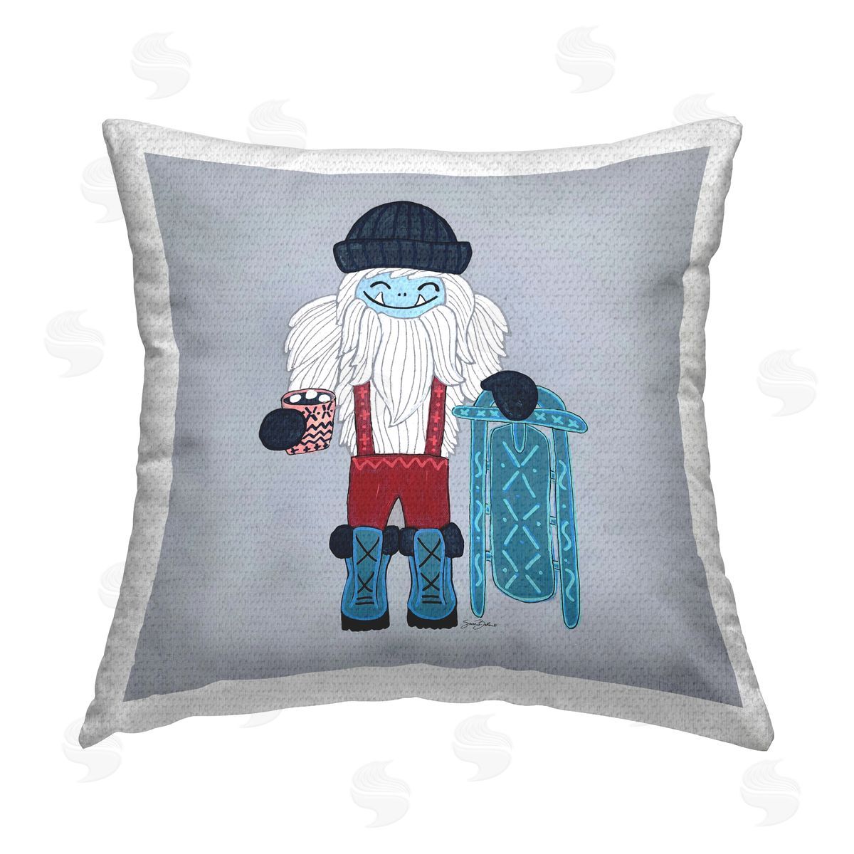 Happy Yeti Sledding Seasonal Outdoor Printed Pillow, Home Decor by Sara Baker