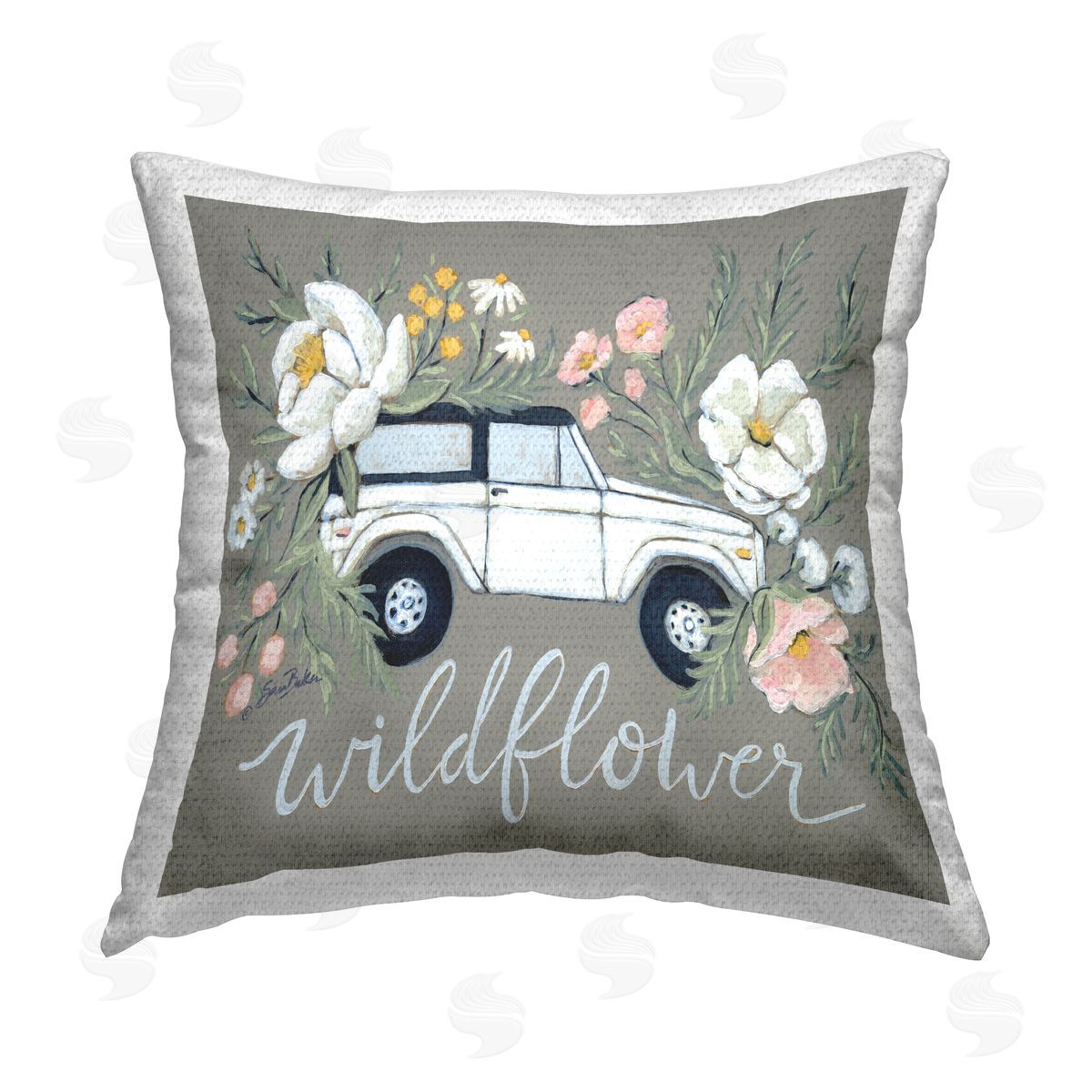 Wildflower Phrase Floral Truck Outdoor Printed Pillow, Home Decor by Sara Baker