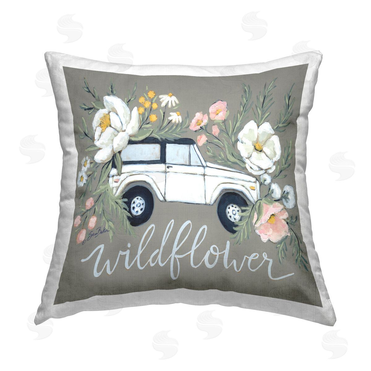 Wildflower Phrase Floral Truck Decorative Printed Pillow, Home Decor by Sara Baker