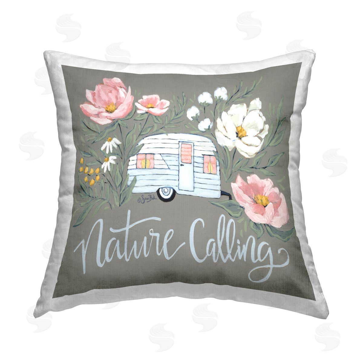 Nature Calling Floral Camper Van Decorative Printed Pillow, Home Decor by Sara Baker