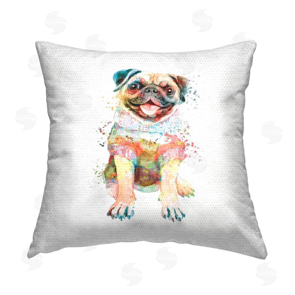 Happy Pug in Sweater Outdoor Printed Pillow, Home Decor by Elephant Stock