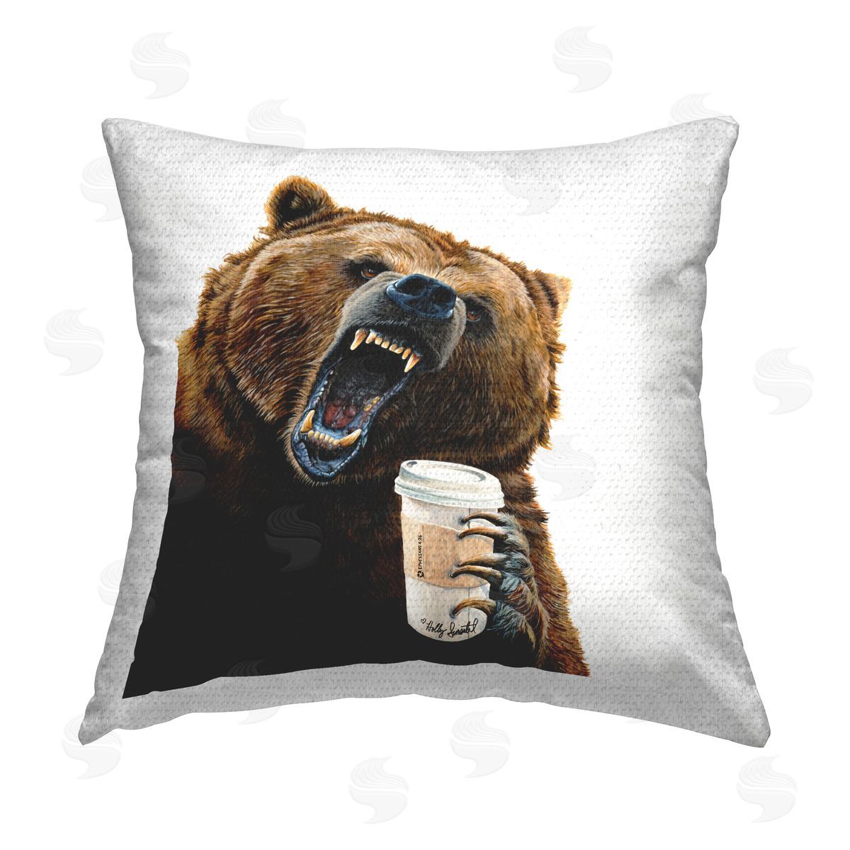 Grizzly Bear with Coffee Cup Outdoor Printed Pillow, Home Decor by Holly Simental