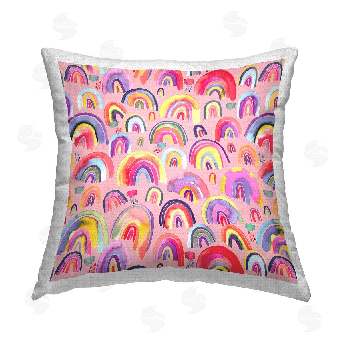 Pink Rainbows & Clouds Pattern Outdoor Printed Pillow, Home Decor by Laura Munoz Estelles