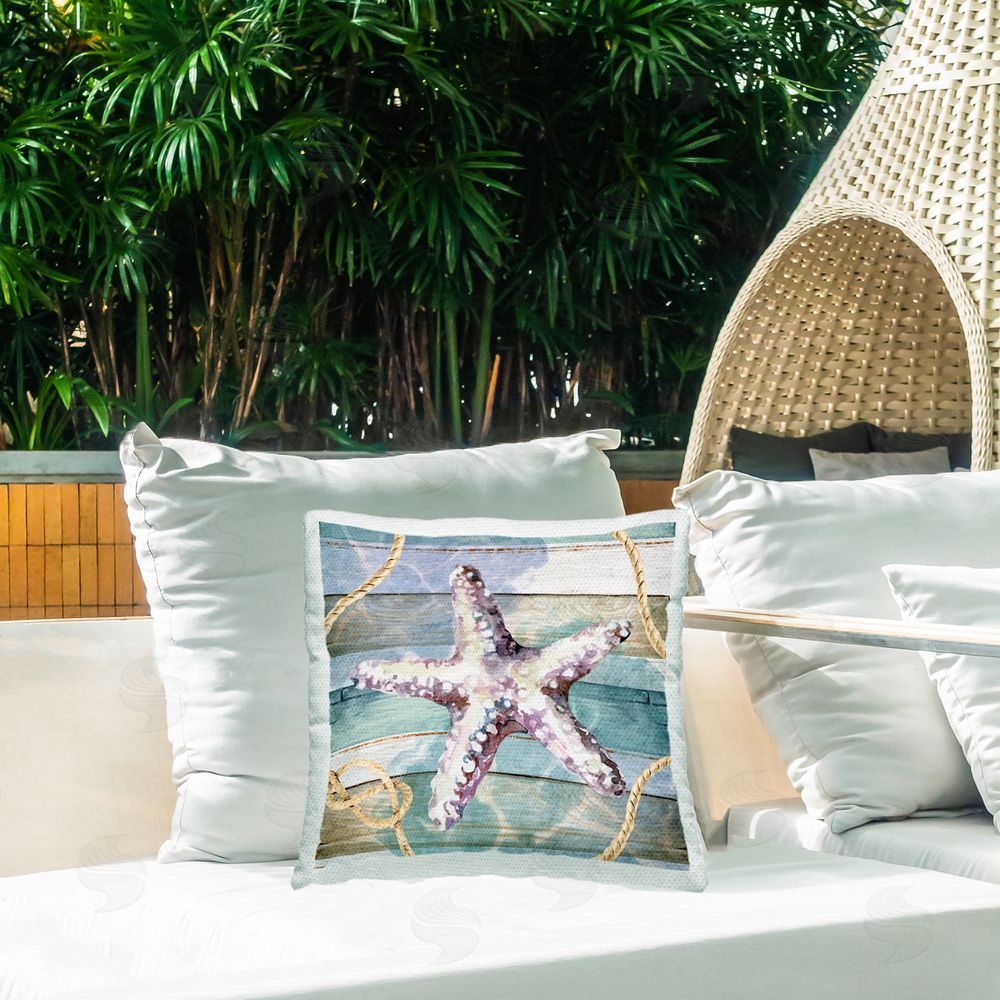 Nicole DeCamp Rustic Maritime Starfish Outdoor Quick-Dry Polyester Printed Throw Pillow in Back Yard