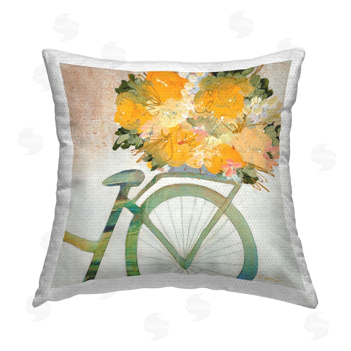 Bicycle with Orange Bouquet Outdoor Printed Pillow, Home Decor by Ruth Fromstein