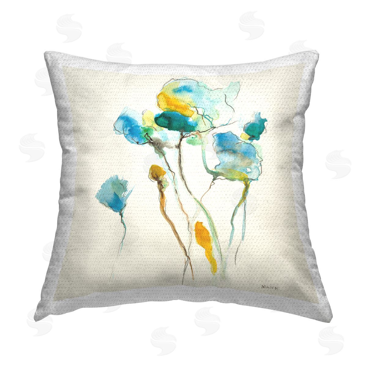 Blue Abstract Flower Sprigs Outdoor Printed Pillow, Home Decor by Patti Mann